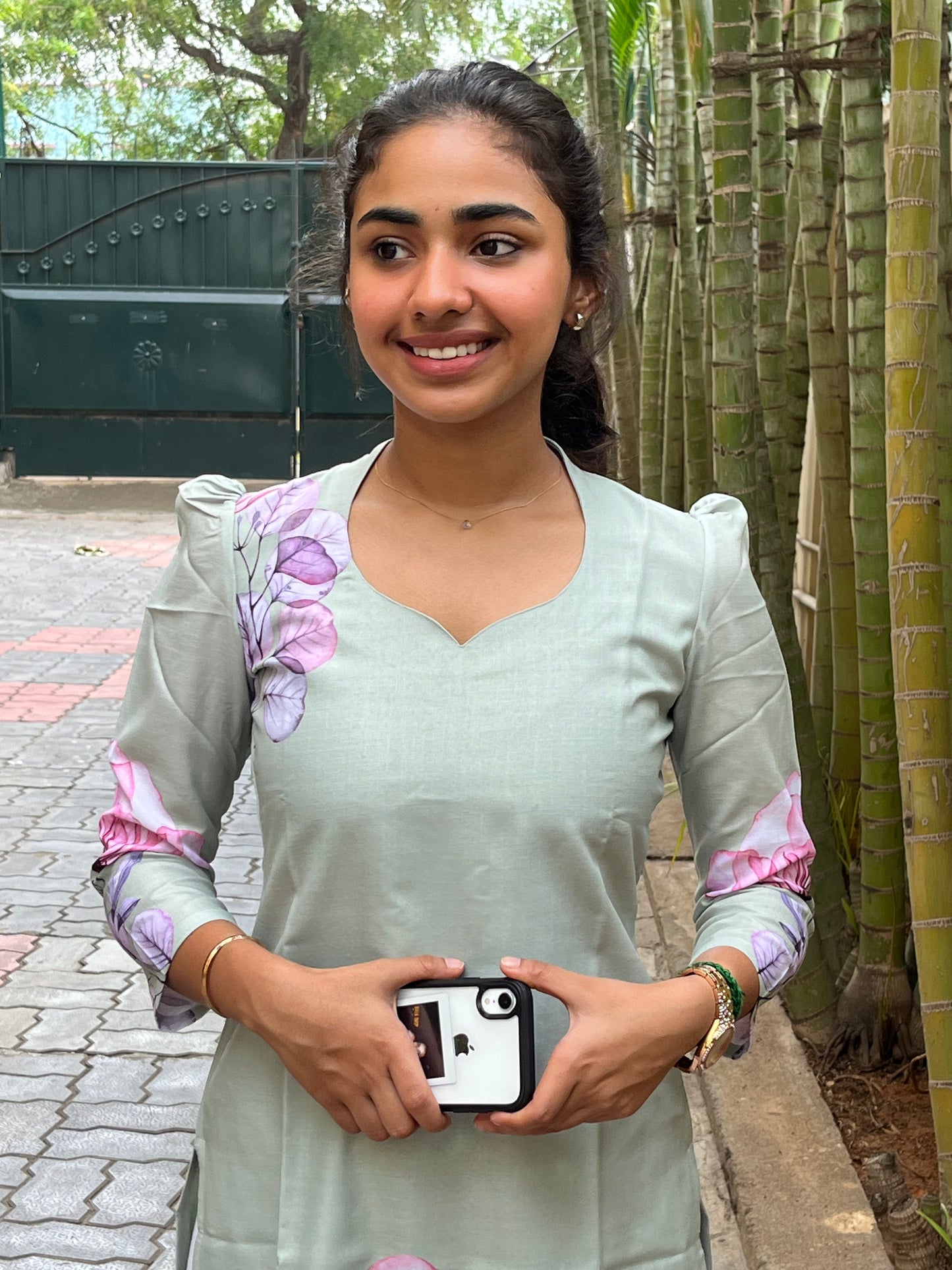 Green Floral Linen Kurti