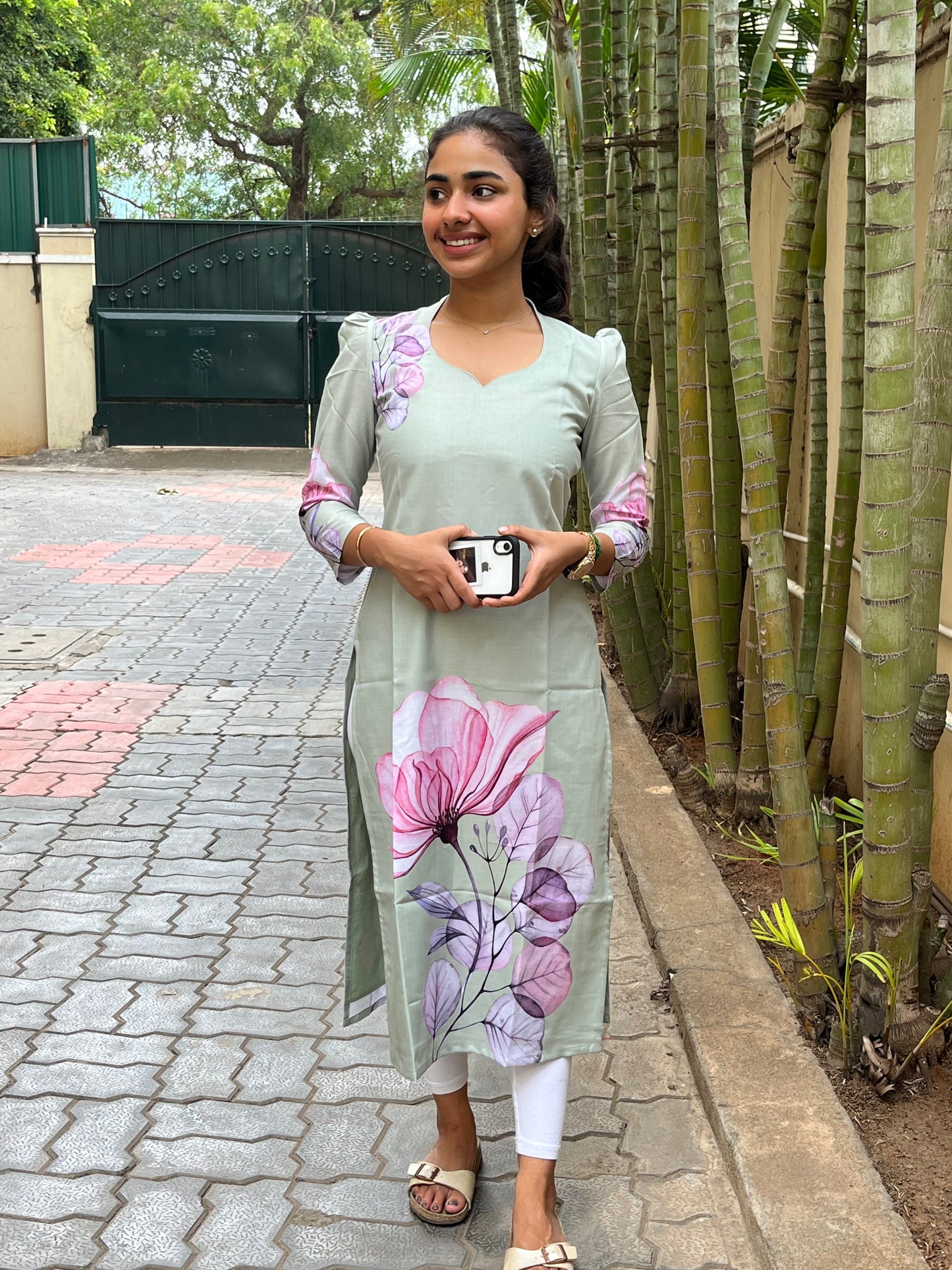 Green Floral Linen Kurti