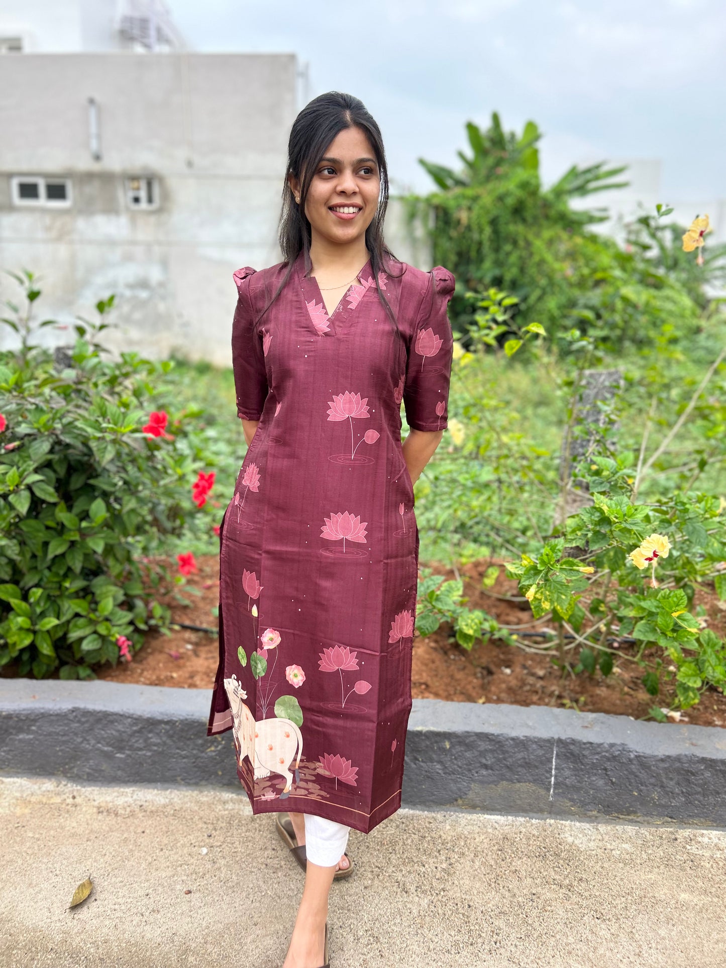 Wine Tussar Silk Pichwai Kurti