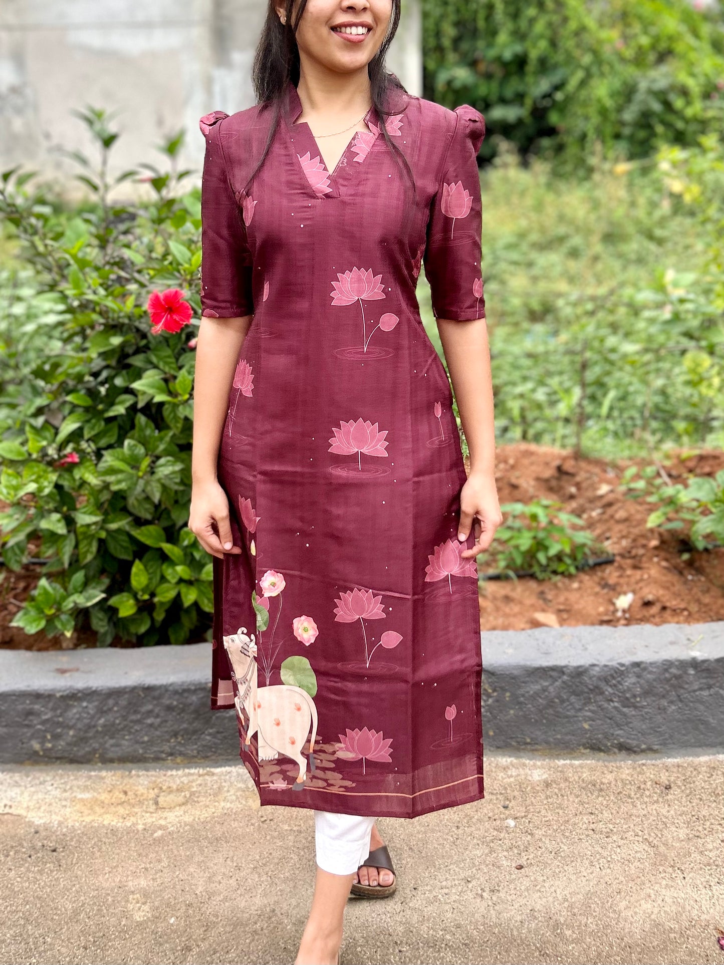 Wine Tussar Silk Pichwai Kurti