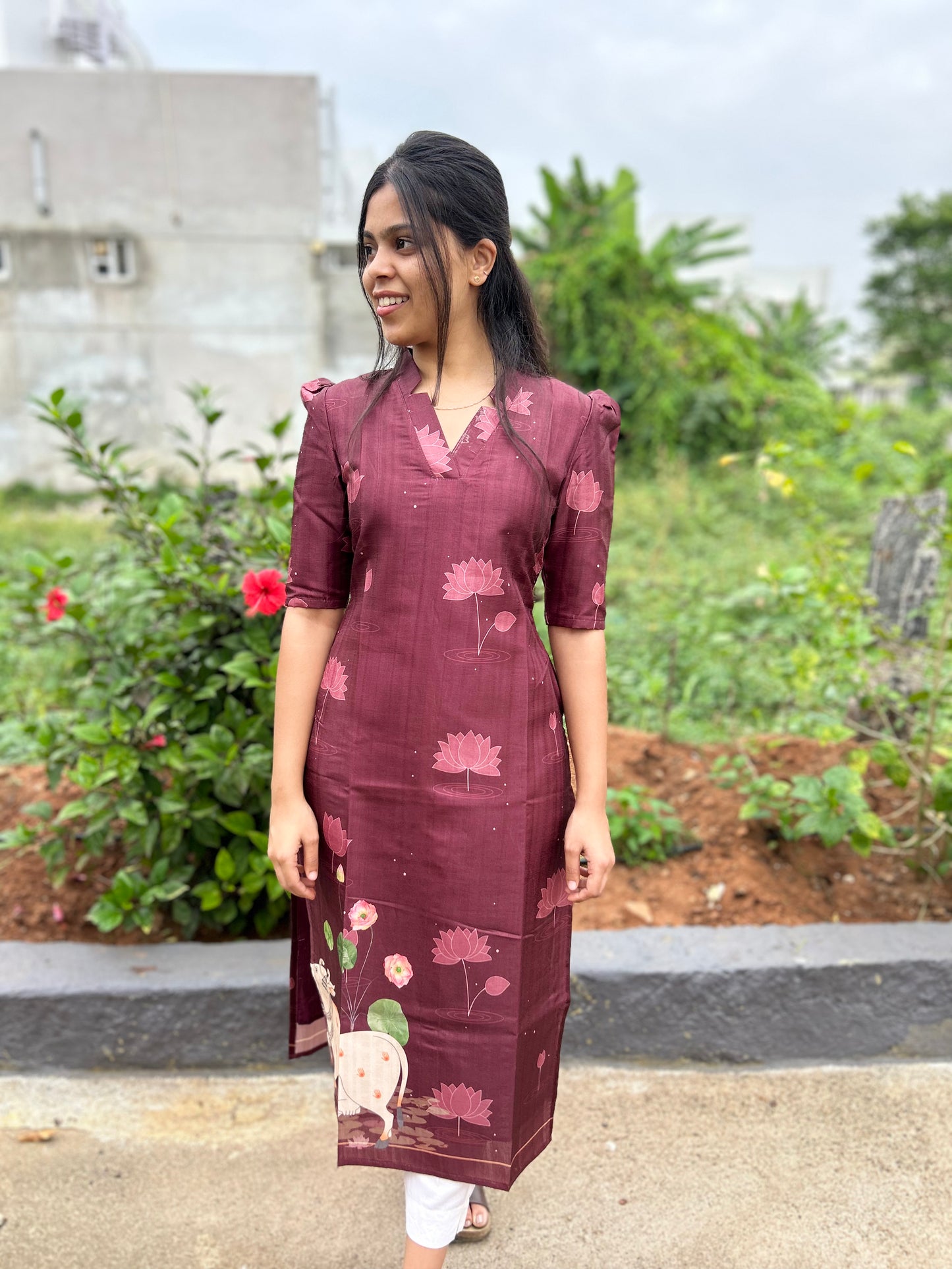 Wine Tussar Silk Pichwai Kurti