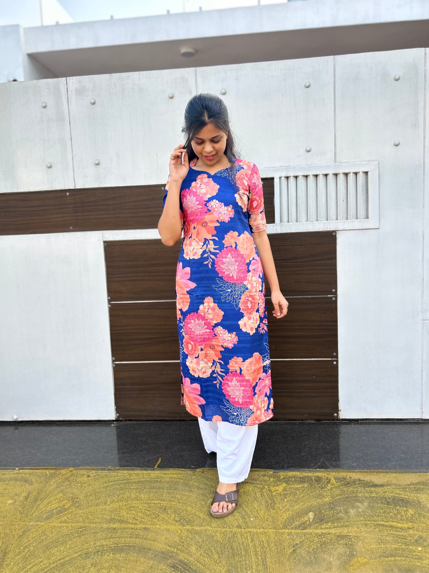 Dark Blue floral Tussar Silk Kurti