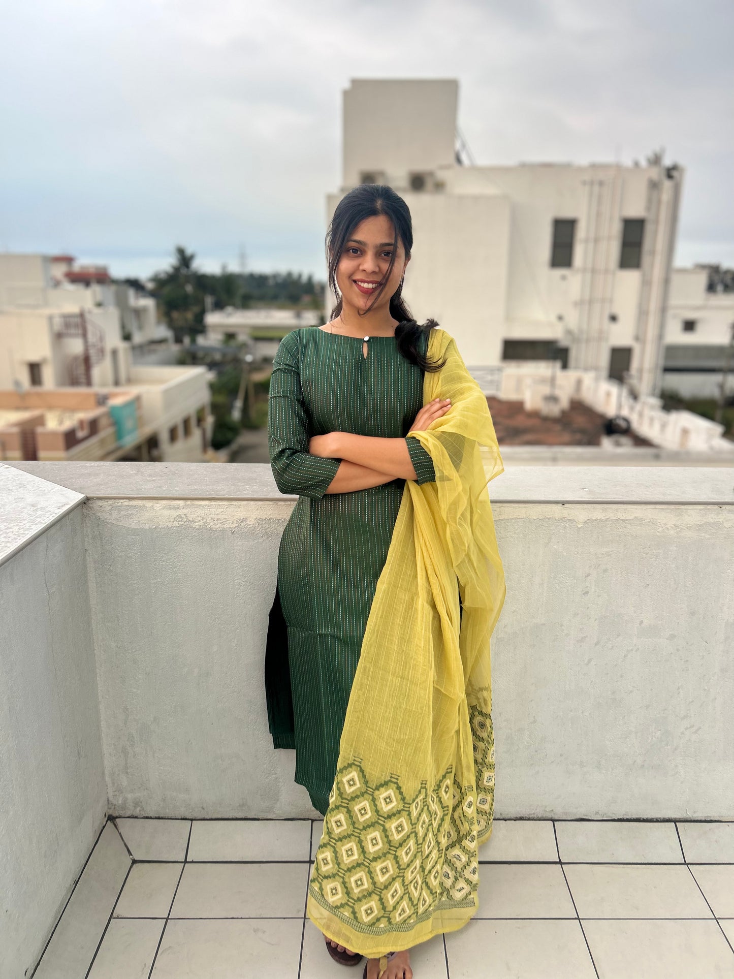 Bottle green Silk Kurti with Chanderi Jaquard Dupatta