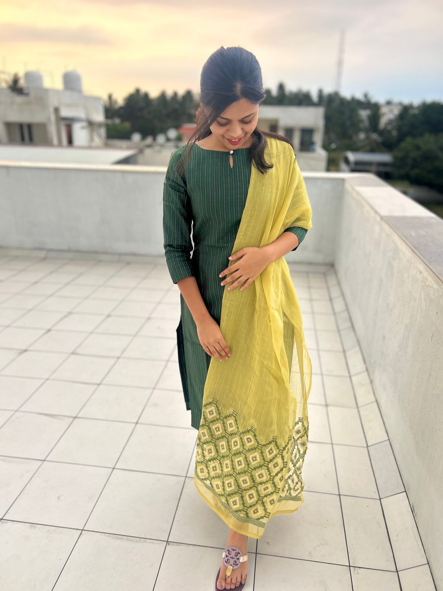 Bottle green Silk Kurti with Chanderi Jaquard Dupatta