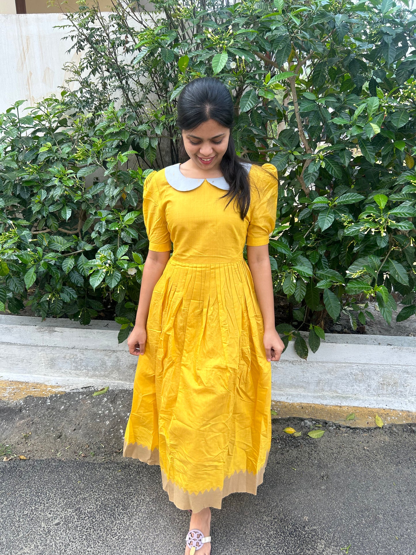 Yellow Maxi with grey Peter Pan collar