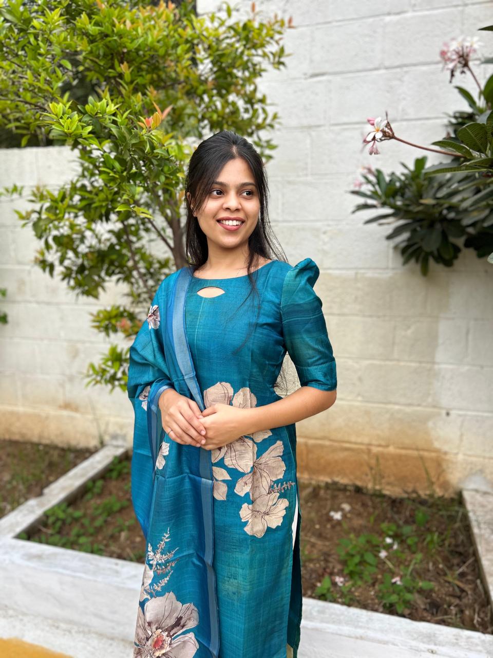 AA004 Peacock Blue Khadi Silk Kurti With Dupatta