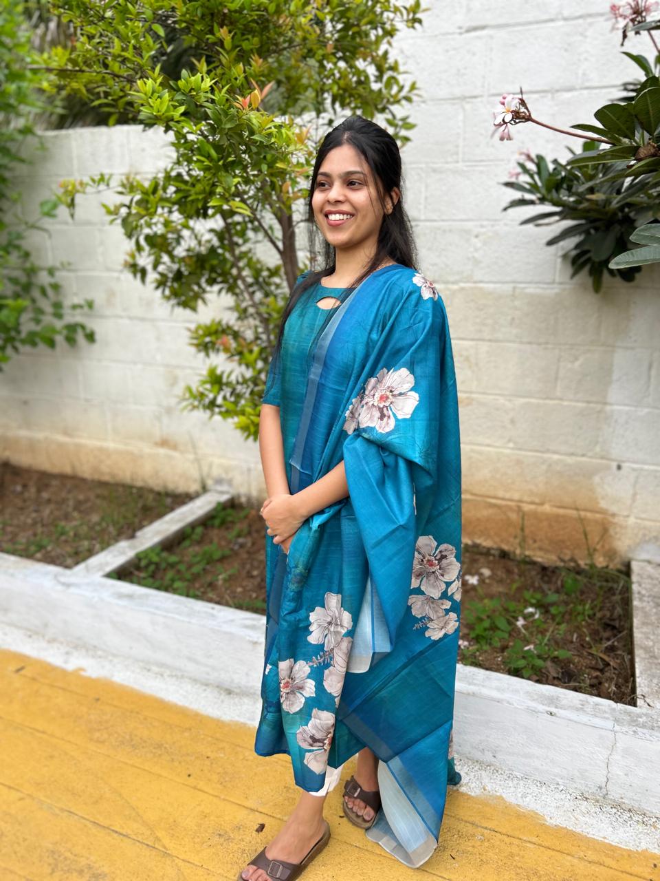 AA004 Peacock Blue Khadi Silk Kurti With Dupatta