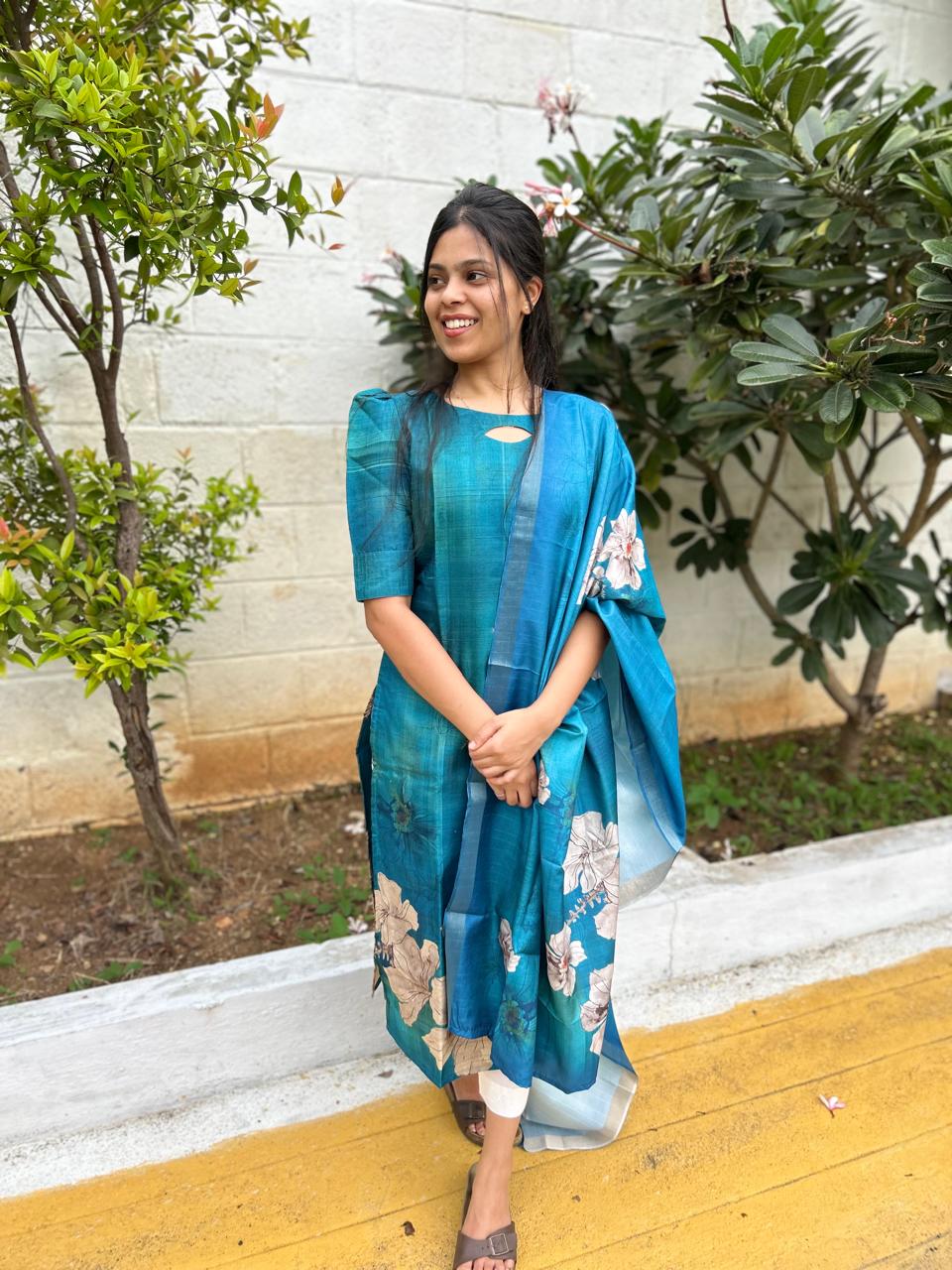 AA004 Peacock Blue Khadi Silk Kurti With Dupatta