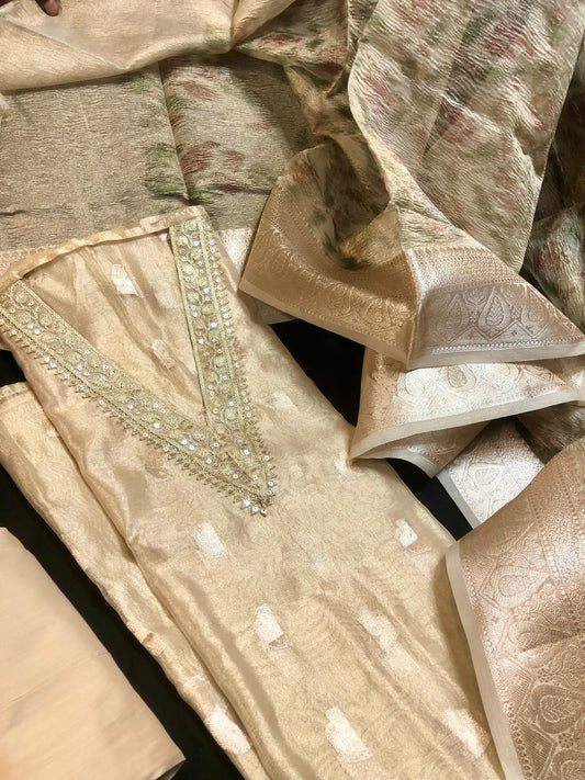 V Neck Beige Tissue Silk Salwar Material